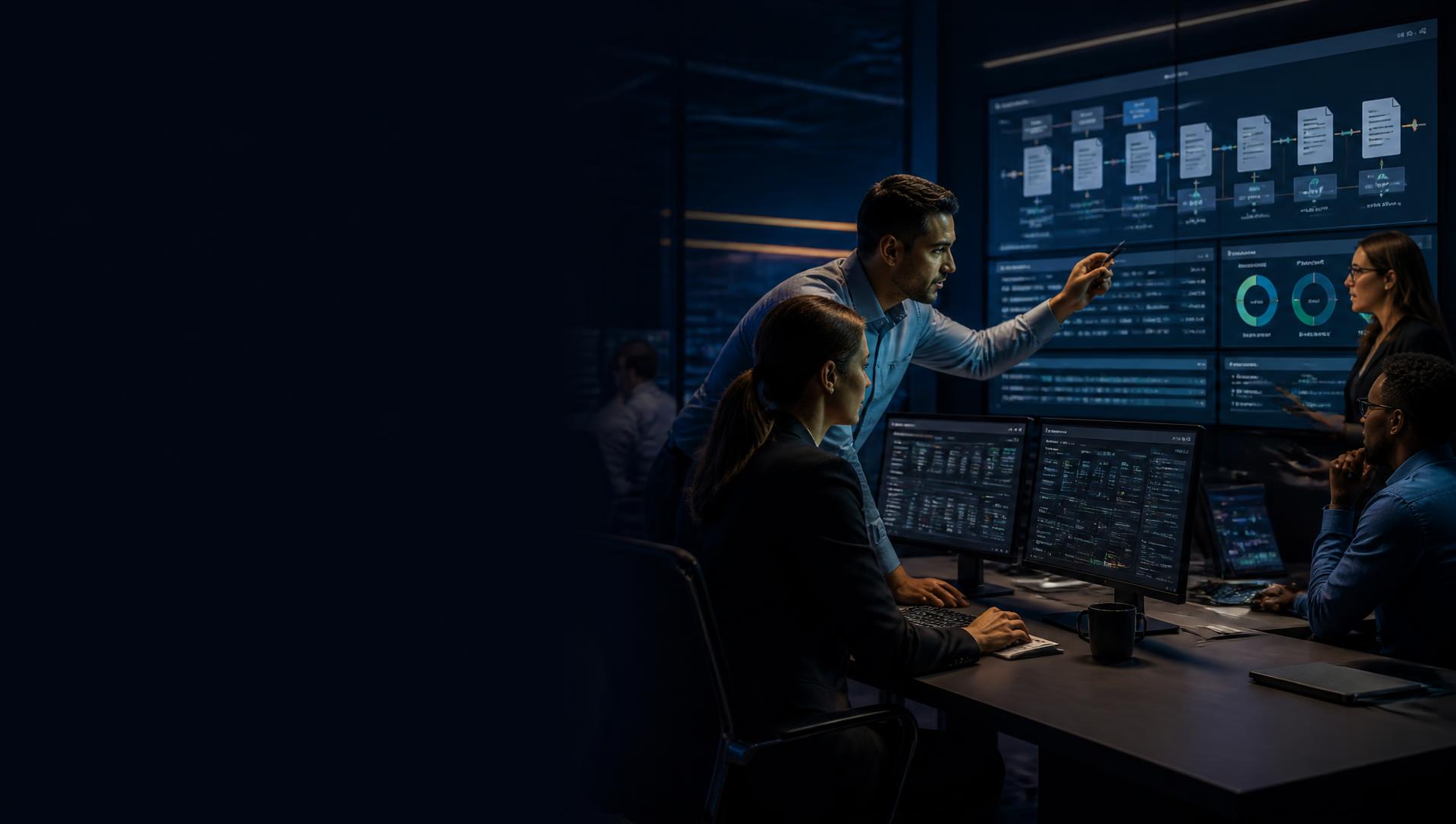 Operations, finance and HR leaders reviewing an automated back-office workflow map on screen — Pronix.ai.