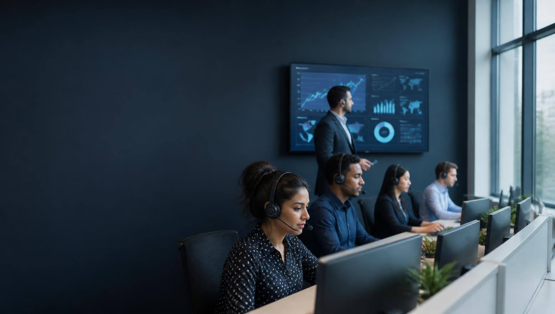 Contact center specialists working with AI-assisted tools while a supervisor reviews live quality dashboards — Pronix.ai.