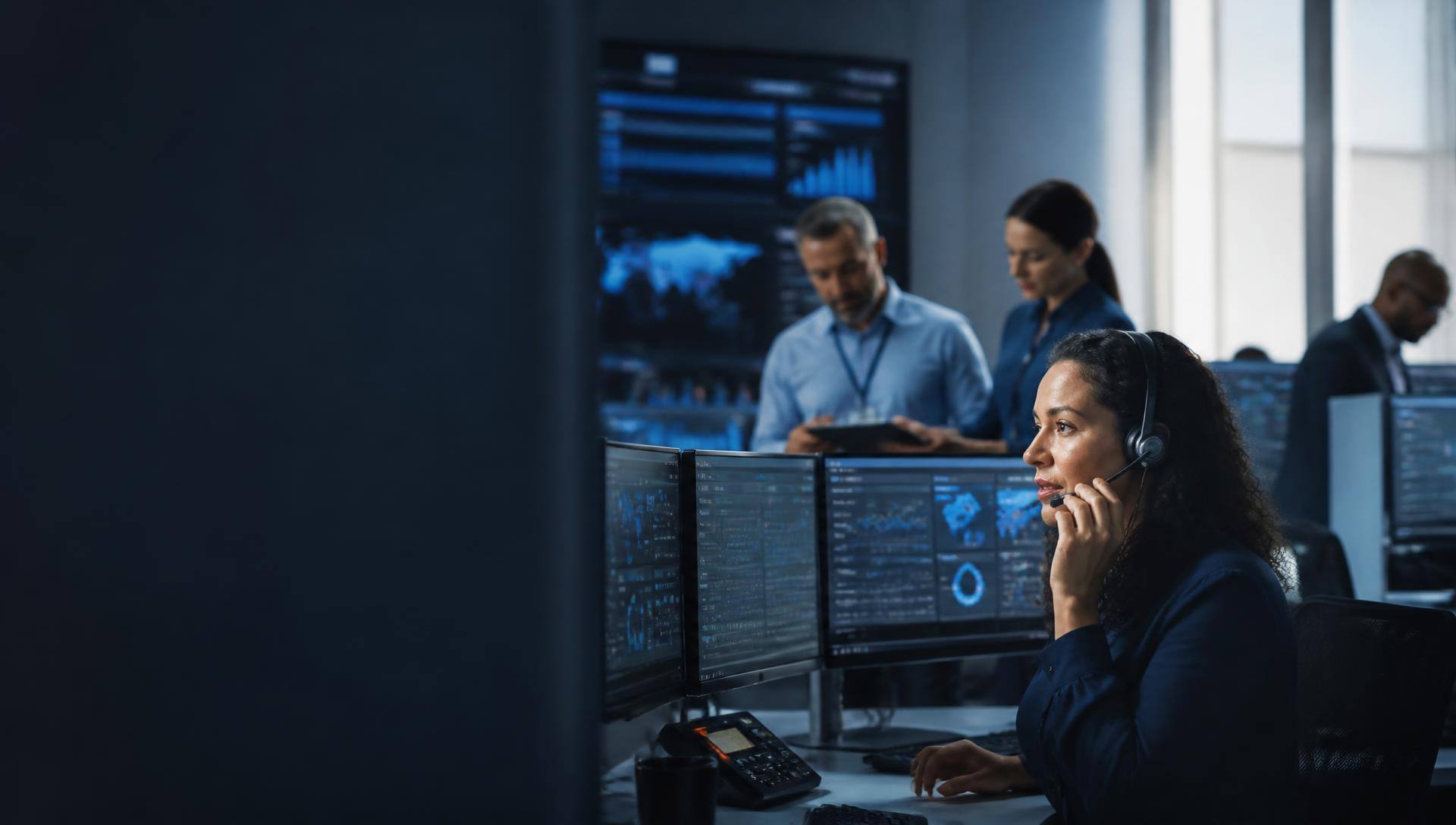 Enterprise contact center specialist using AI-assisted operations while a delivery team monitors production systems.