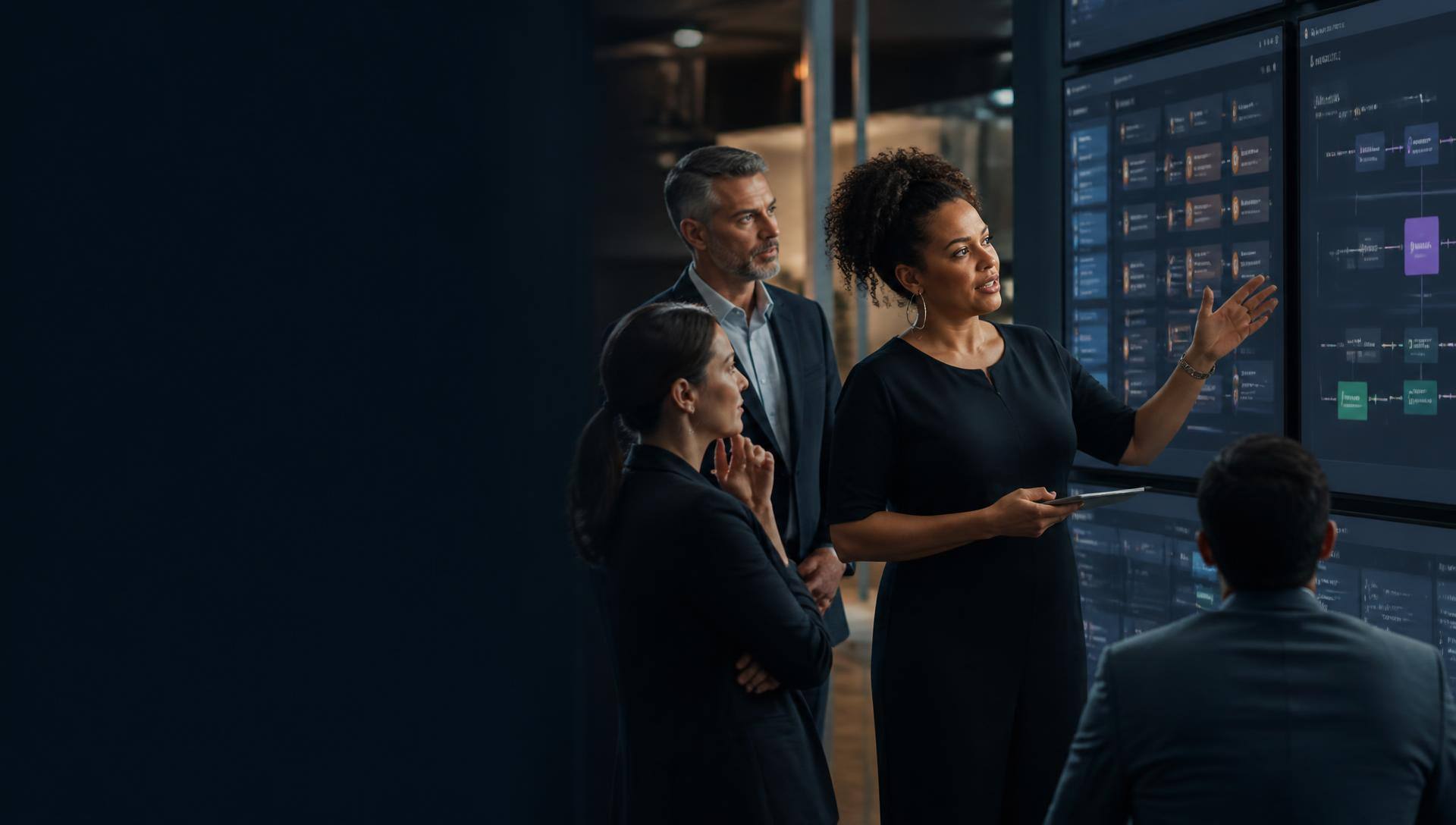 Business and operations leaders reviewing an enterprise AI agent use-case portfolio on wall screens — Pronix.ai use case library.
