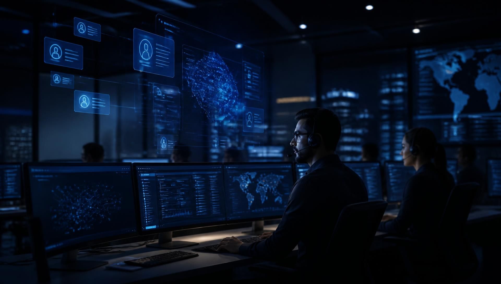 IT service desk analysts supported by AI agents resolving employee access, device and software requests.