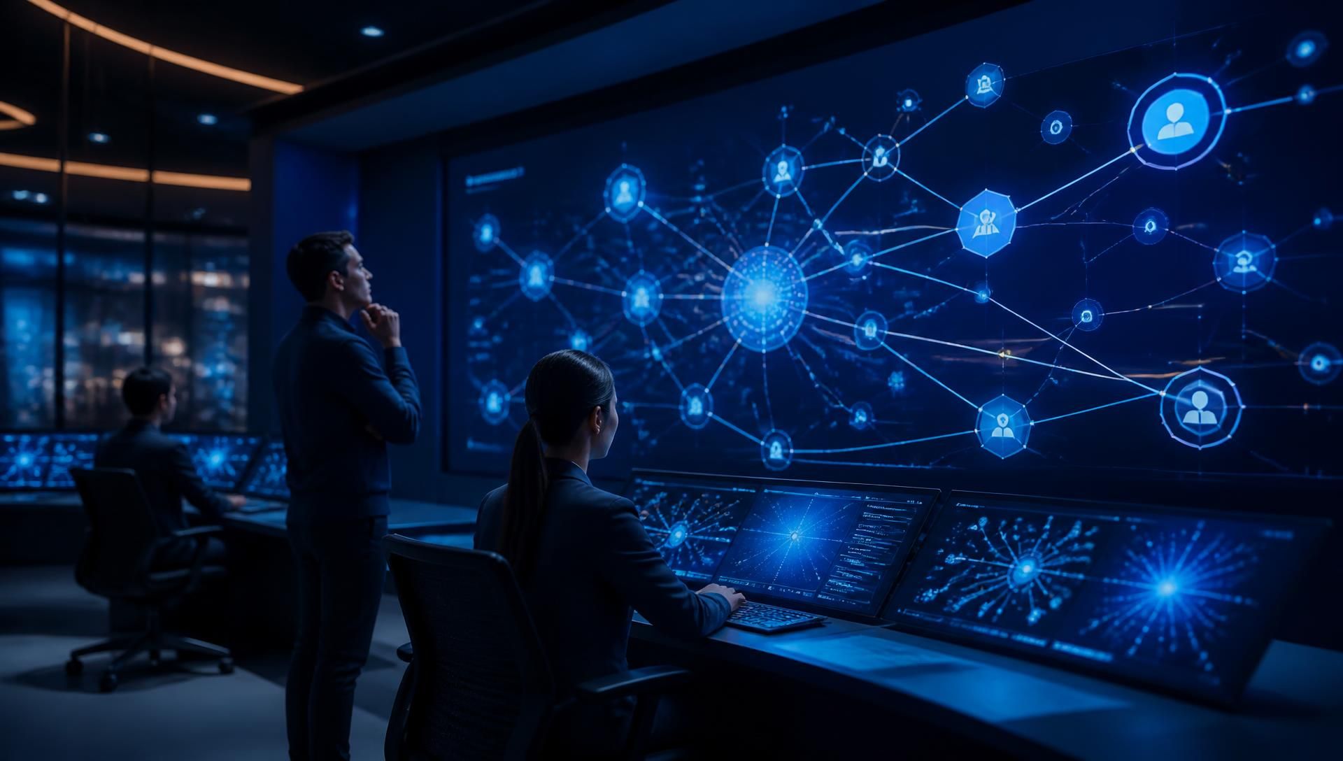 Engineering team monitoring a network of orchestrated enterprise AI agents in production.