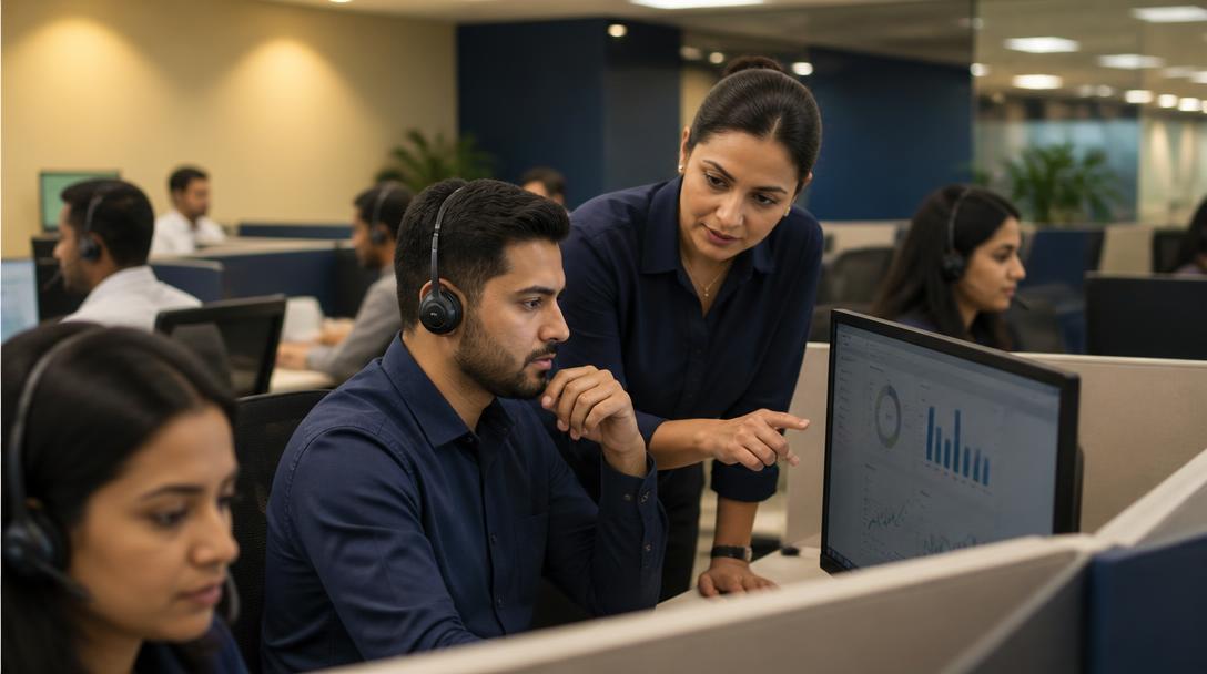 A team lead coaching an agent on a BPO contact center floor while reviewing a quality dashboard.