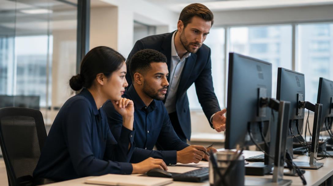 A financial services operations team reviewing account servicing and dispute cases at their workstations.