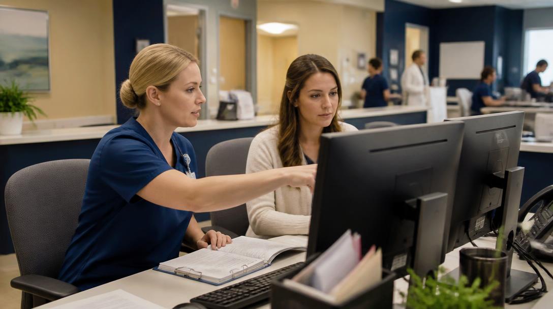 A nurse coordinator and a patient-access specialist working scheduling and prior authorization queues at a hospital operations desk.