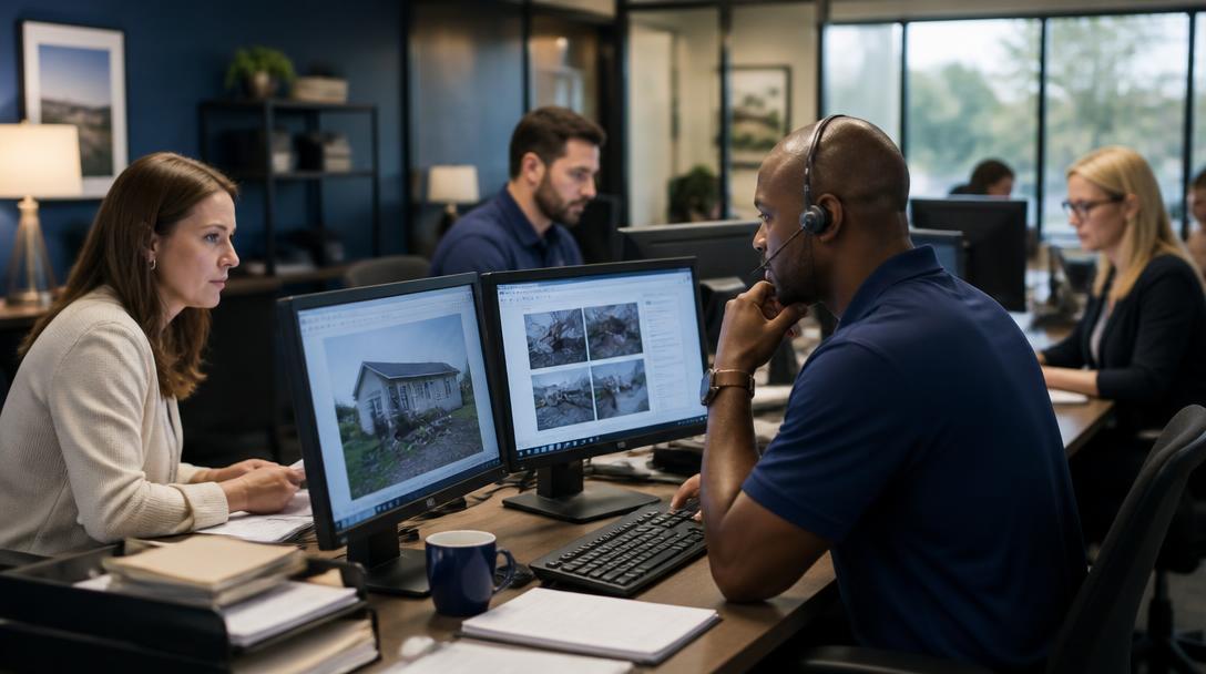 Insurance claims handlers reviewing first-notice-of-loss photos and claim files while one adjuster takes a call.