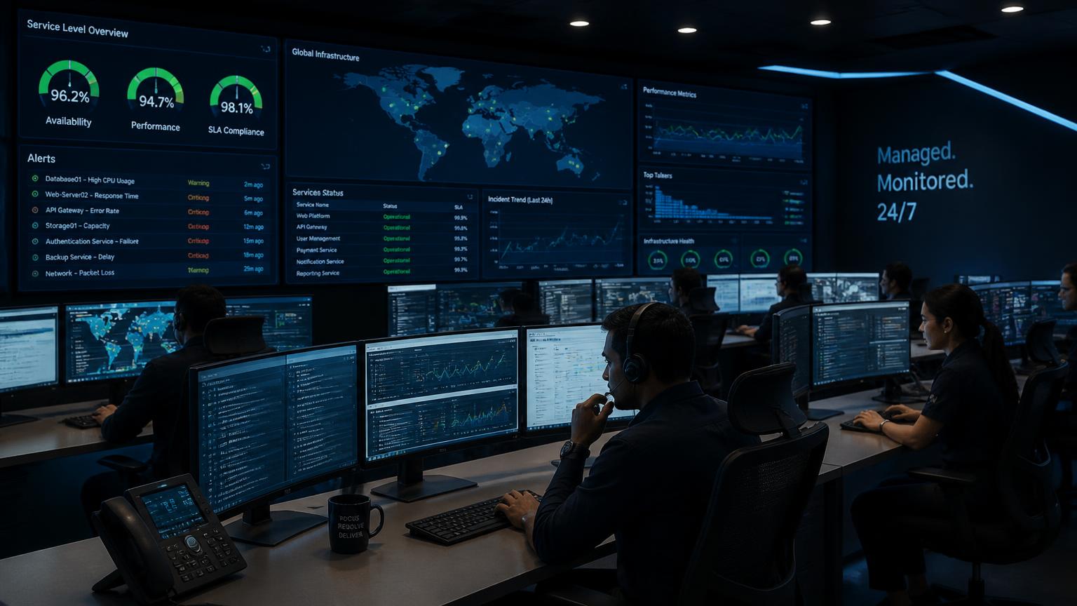 Pronix.ai managed services team monitoring AI and contact center service levels in a 24x7 operations center