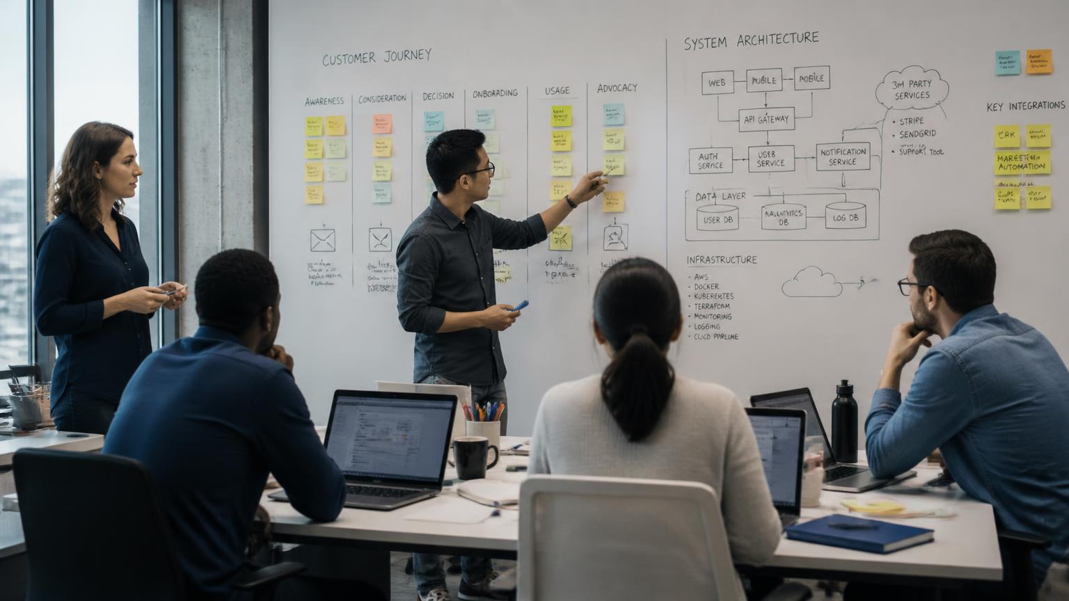 Pronix.ai solution team mapping a customer journey and target system architecture on a whiteboard