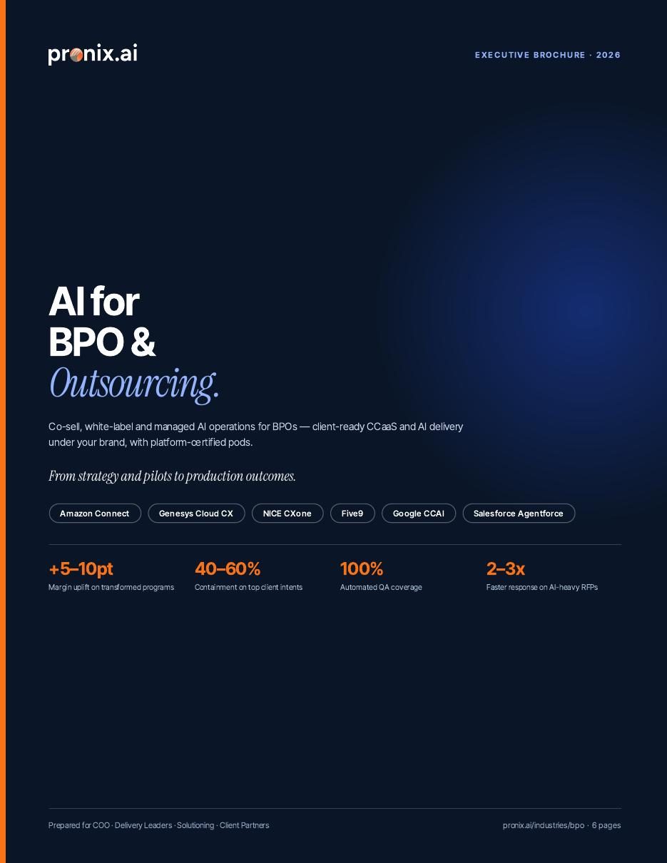Cover of the Pronix.ai BPO and outsourcing enterprise brochure covering CX, CCaaS, voice AI and agent assist.