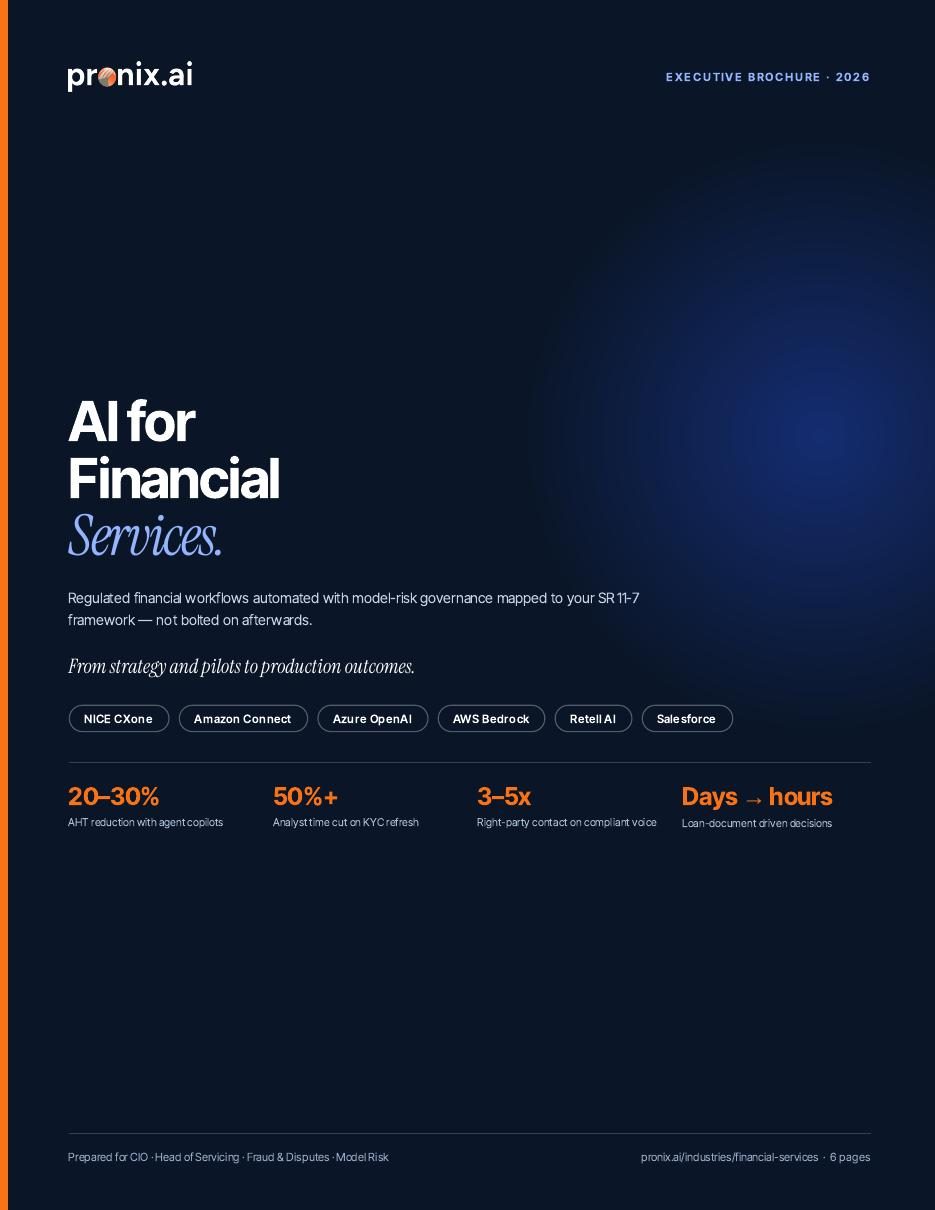 Cover of the Pronix.ai executive brochure on AI for financial services, servicing and lending operations.