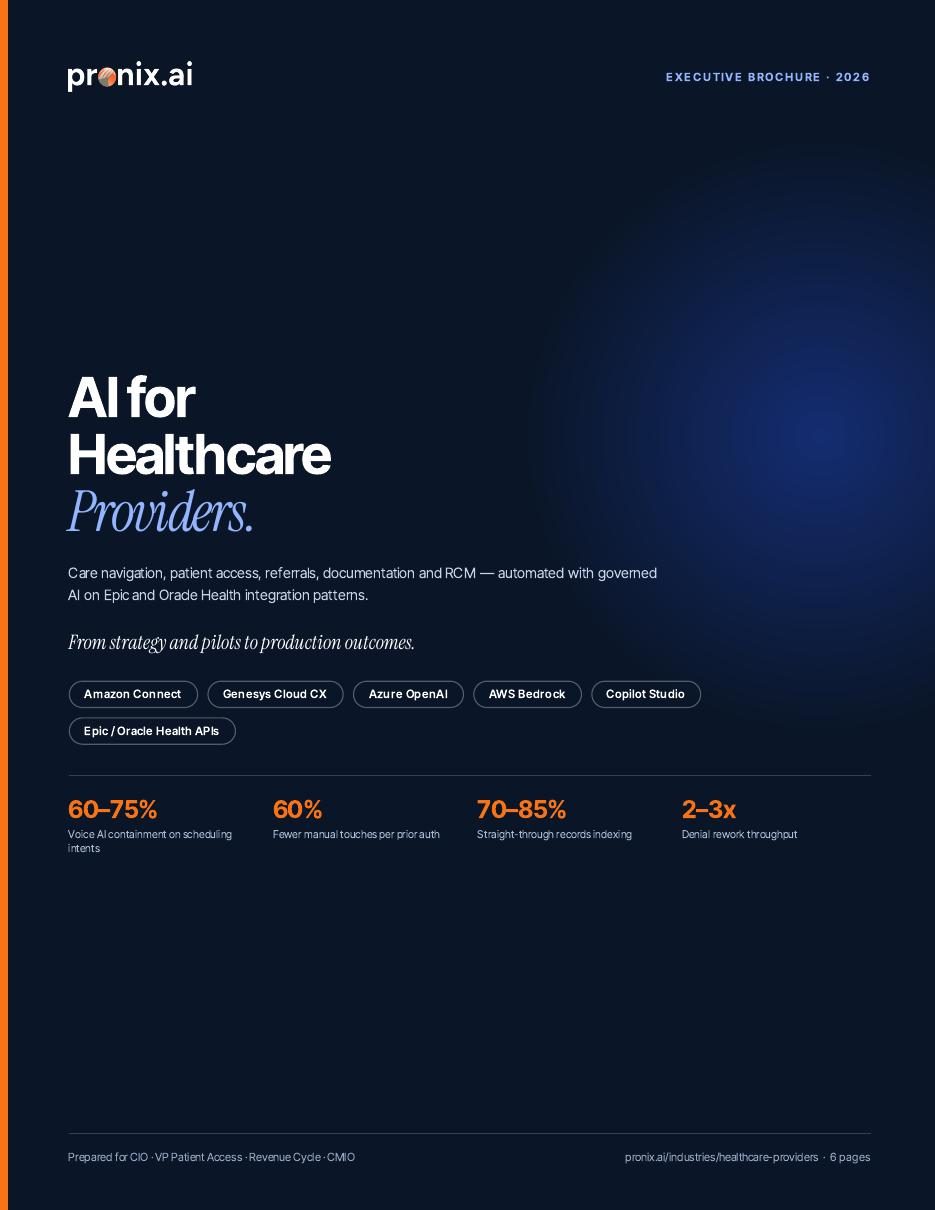 Cover of the Pronix.ai executive brochure on AI for healthcare providers, patient access and revenue cycle.