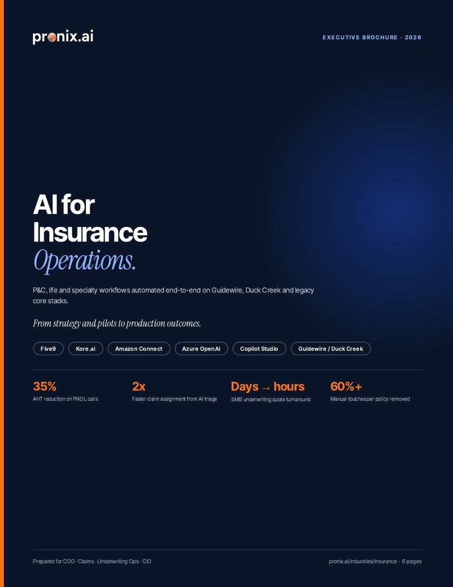 Cover of the Pronix.ai executive brochure on AI for insurance, FNOL, claims and underwriting operations.