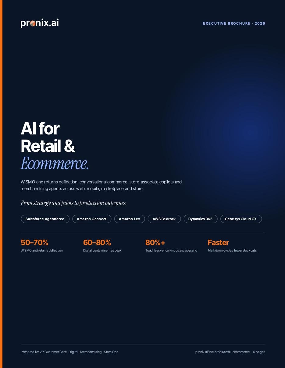 Cover of the Pronix.ai executive brochure on AI for retail and ecommerce order care and merchandising.